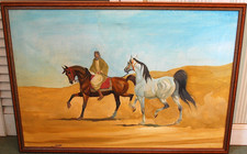 Antique Original ARABIC MIDDLE EAST BEDOUIN PAINTING Horses & Rider SIGNED 28"