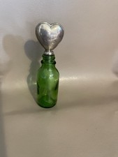 Vintage Green Glass Bottle With Silver Plated Heart Shaped Stopper R28 