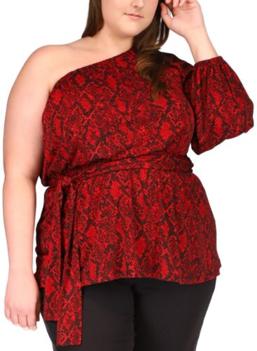 Clearance- Michael Kors One-Shoulder Beltd Python Tunic Top Crimson Size Plus 1X