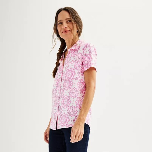 NWT Croft&Barrow Women Short Sleeve Button Down Collared Floral Shirt Size XXL