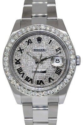 Rolex Datejust II Steel Pave Diamond Roman Dial & Bezel 41mm Oyster Watch 116300