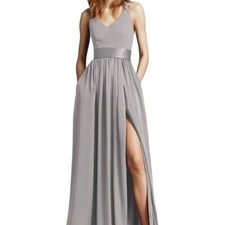 WHITE By Vera Wang Mercury Color Formal V-Neck Halter Gown with Sash/Pockets 12