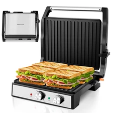 1600W 4-Slice Panini Press, Non-Stick, Temp/Time Control, Removable Tray