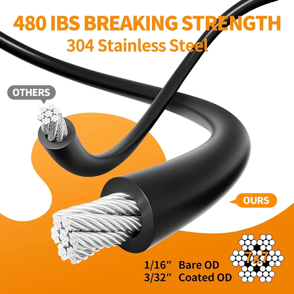 String Light Hanging Kit,164 Ft Nylon Coated Stainless Steel 304 Wire Rope, Stri - Image 3 of 4