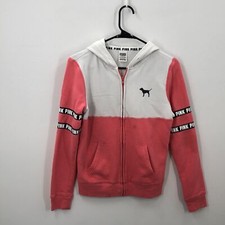 Victorias Secret Womens Pink White Colorblock Pockets Full Zip Hooded Jacket XS
