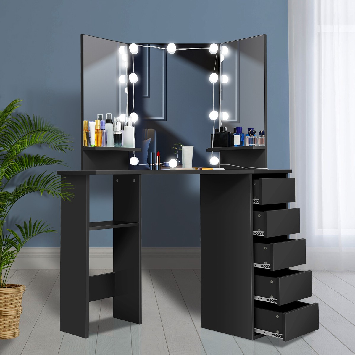 small dressing table black Vanity Makeup Set with Cushioned Stool and LED Lighted Mirror-White shaped reversible dressing table with 3 Small Vanity Desk with LED