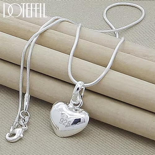 Fine 925 Sterling Silver Solid Heart Necklace Snake Chain For Women - Picture 1 of 6
