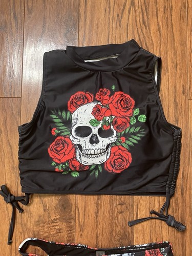 Sexy Goth Skull Flower Black Crop Top Booty Shorts Bikini Rave Set Size M - Picture 5 of 7