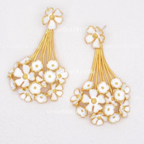 Huge Elegant Enamel Flower gold matte drop Hoop Post earrings cluster FOR WOMEN - Picture 1 of 6