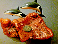 Vintage Orca Whale Pair, Burl Wood Sculpture 7" X 4 1/2" With Tag