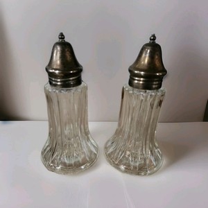 Leonard Crystal Salt Pepper Shakers Silver Plated Lids, Vintage, Made in Japan