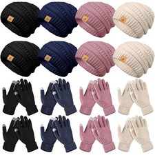 8 Set Winter Warm Hat and Gloves Bulk Knitted Warm Beanies and Touchscreen So...
