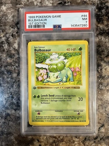 1999 Pokémon Bulbasaur 1st Edition Shadowless 44/102 Base Set PSA 7 NM