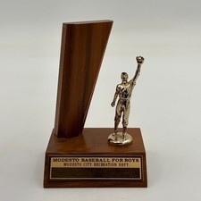 VTG 1960s Baseball Player Trophy Metal Topper Wood Base Modesto California NOS