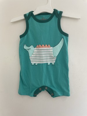 Cat & Jack Baby Boy Cute Dinosaur Pocket Cotton Blend Sleeveless Romper Aqua 3-6