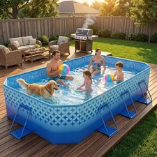 Foldable Pool Kids Adults Non-Inflatable Backyard Swimming Pool W/ Metal Frame