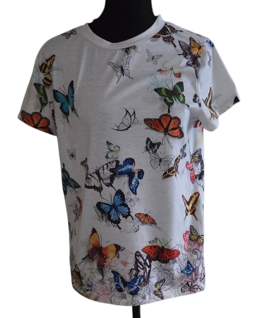 Exclusivo top estampado de mariposas de manga corta para mujer talla M