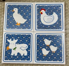 Vtg Farm Animal Tile Trivets /Coasters Blue Background Farmhouse Decor Boxed see