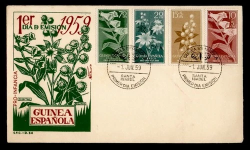 DR WHO 1959 SPANISH GUINEA FDC PRO INFANCIA FLOWER SEMI POST COMBO R28774