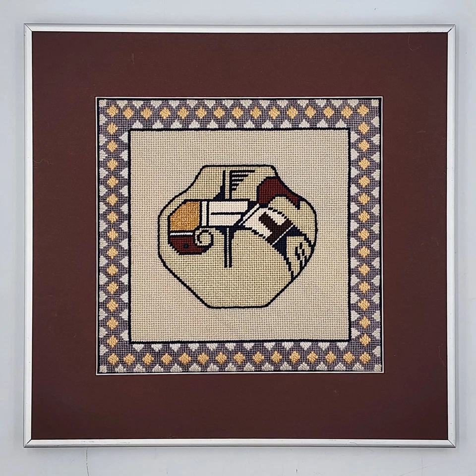 Vintage Framed Native American Zuni Style Pottery Cross Stitch Art Southwest 14" - Image 2 of 4