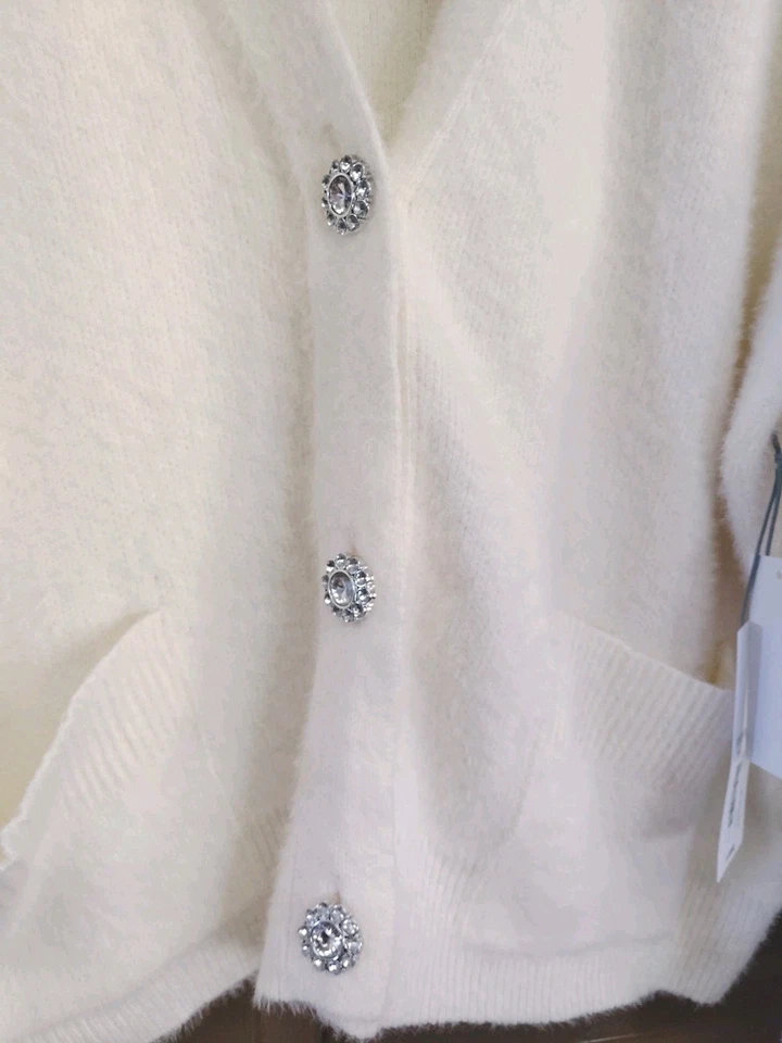 NUEVO LIZ CLAIBORNE BLANCO SUAVE DIFUSO CÁRDIGAN SUÉTER IMITACIÓN ESTRÁS BOTÓN TALLA XL Foto 2 de 4