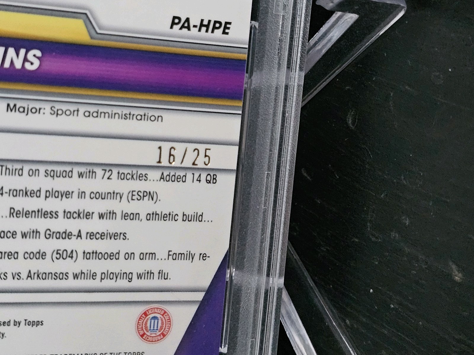 2023 Bowman U Football Sapphire Harold Perkins Auto /25 PSA 10 Auto 10 LSU POP 1 view 3