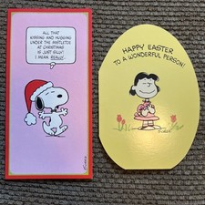 Set Of 2 VTG 1980  s Hallmark Peanuts Snoopy Lucy Christmas  Easter Cards Used