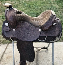 16” TEX TAN Semi QH Bars FLORAL  SILVER WESTERN SADDLE Equitation Quality USA
