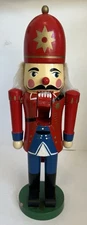 Vintage Christmas Nutcracker Red Blue Soldier With Dome Helmet 13 Inches High