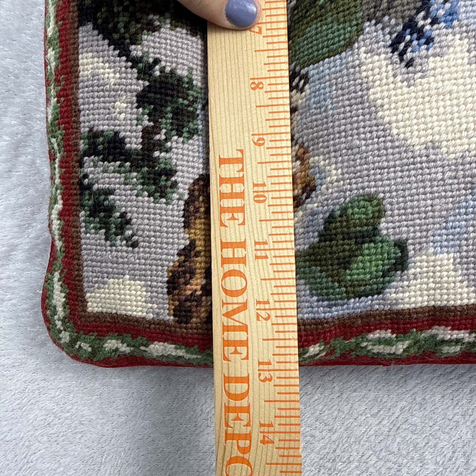 Vtg Snowman Wool Needlepoint Throw Pillow 13" Woodland Animals Winter Squirrel