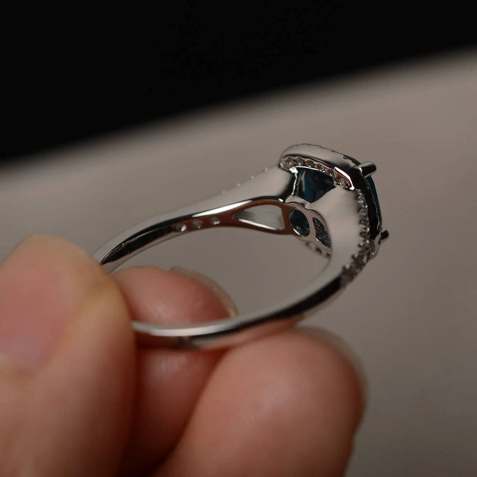 Real London Blue Topaz Ring Cocktail Ring Cushion Cut Blue Gemstone Halo Ring - Image 3 of 4