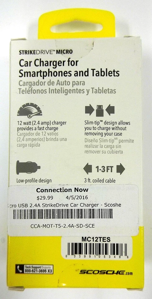 Cargador rápido de coche SCOSCHE Micro USB 2.4 Amp / 12 vatios para teléfonos inteligentes + Más Foto 2 de 2