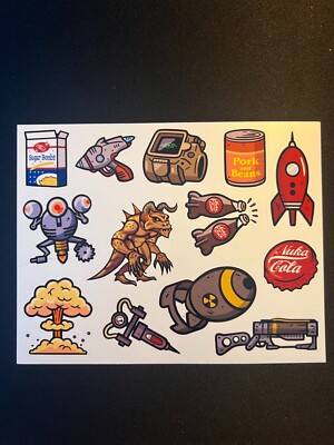 Random Fallout Stickerbogen 12,5cmx16cm (spritzwassergeschützt) Deathclaw Stimpack + mehr