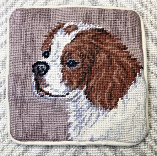 8" x 8" Handmade Wool Needlepoint King Charles Spaniel Dog Pillow w/ velvet trim