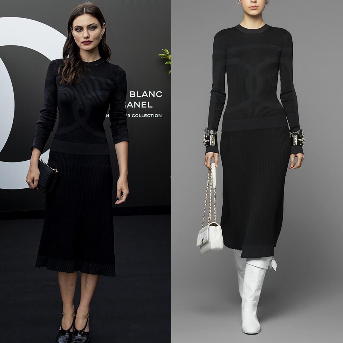 CHANEL 19B BLACK CC LOGO RIBBED SILK KNIT PLEATED MIDI DRESS
