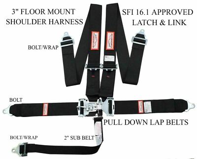 RACING HARNESS 5 POINT SFI 16.1 LATCH & LINK 3'' FLOOR MOUNT BOLT IN BLACK
