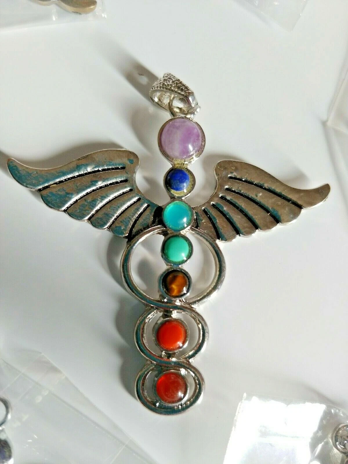 HERMÈS Ciondolo Pietre Naturali Caduceo Simbolo Medico Alato 7 Chakra