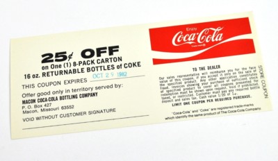 Vintage Coca-Cola Coke USA Coupon - 1980'er 25c off Macon Missouri