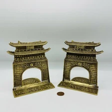 Vintage Brass Flip Book Ends Pagodas Asian Arts Library Bookends Korea