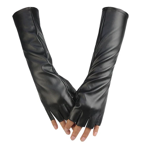 Women's Long Fingerless Leather Gloves Opera Mittens Gloves for Proms Party - Picture 1 of 7