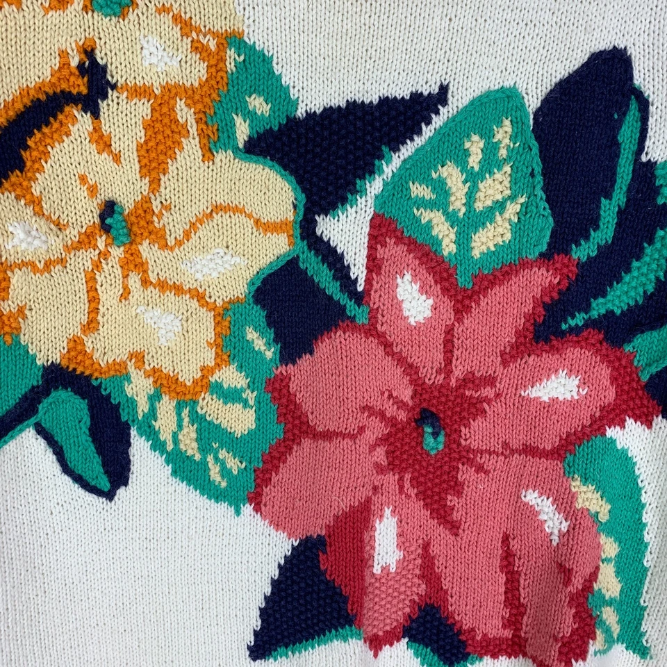 Vintage Floral Womens Sweater S Ivory Short Sleeve V Neck Pullover Knit 80s 90s - Image 2 of 4