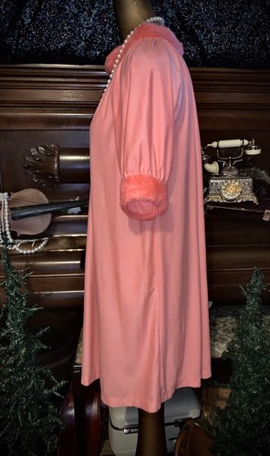 Vintage Neon Satin Sexy Fleece Caftan Lounge Fur Coral Gown Hostess Robe Set S - Picture 10 of 12