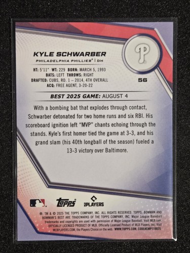 2025 Bowmans Best Kyle Schwarber Blue Lazer Refractor /150 - Afbeelding 2 van 2