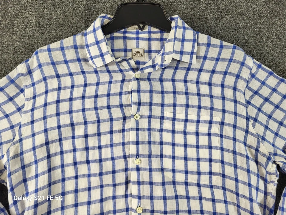 Peter Millar 100% Linen Shirt Mens M Blue/Wh Plaid Button Up Long Sleeve - Image 2 of 4