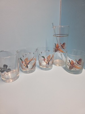 Vintage Hazel Atlas Ring Necked Pheasant Glass Drink Mixer Swizzle Glasses Set