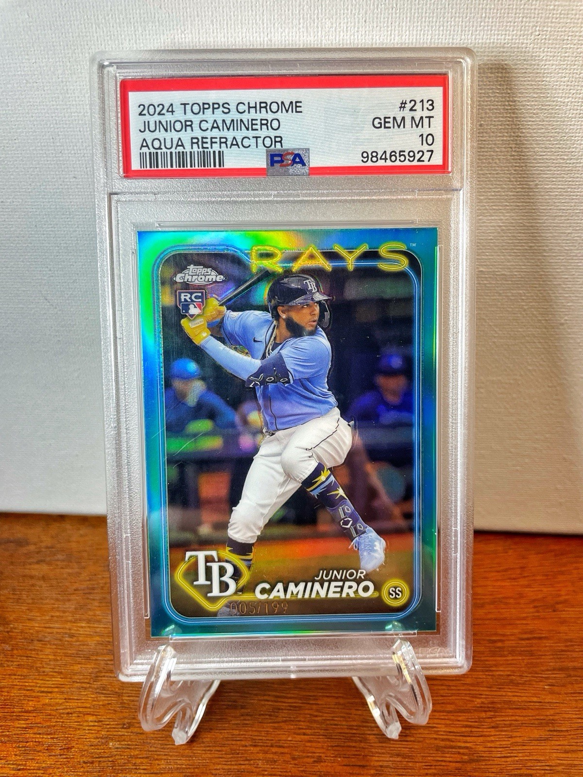 2024 Topps Chrome JUNIOR CAMINERO Aqua Refractor #/199 PSA GEM MT 10 RC #213💎