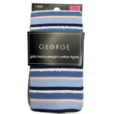 George Girls Heavyweight Cotton Tights Striped Blue Pink White Size 7-10