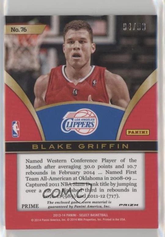 2013-14 Panini Select Select Swatches Purple Prizm /99 Blake Griffin #76 - Image 2 of 2