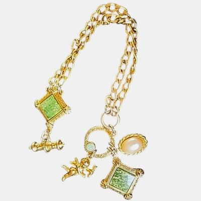 Vtg Style Gold Tone Cherub Angel Charm Bracelet Green Stone Faux Pearl Toggle