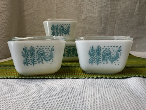 Vtg Pyrex Turquoise Amish Butterprint Refrigerator Dish Set of 4 (8-Pcs.) (E) - Picture 2 of 19